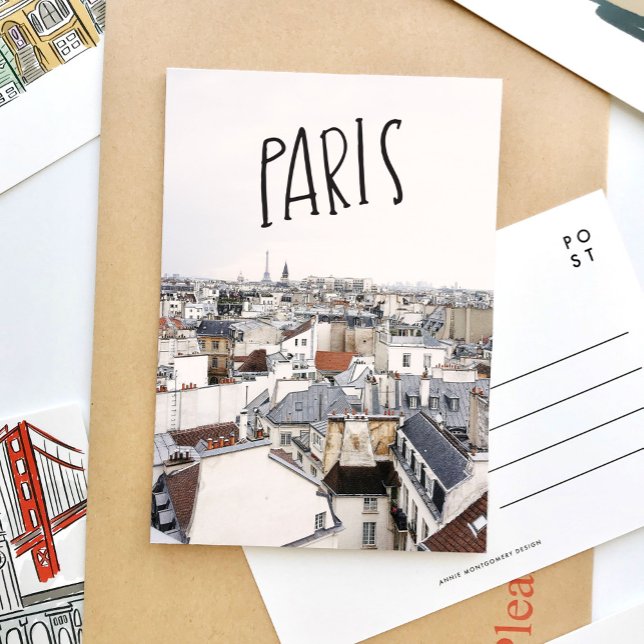Eiffeltornet Paris Handletterad Postkort Inbjudan Vykort (Lettering and photography Paris travel postcard.)