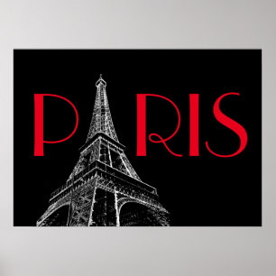 Eiffeltornet Paris Resa Svart Vitt Rött Popkonst Poster