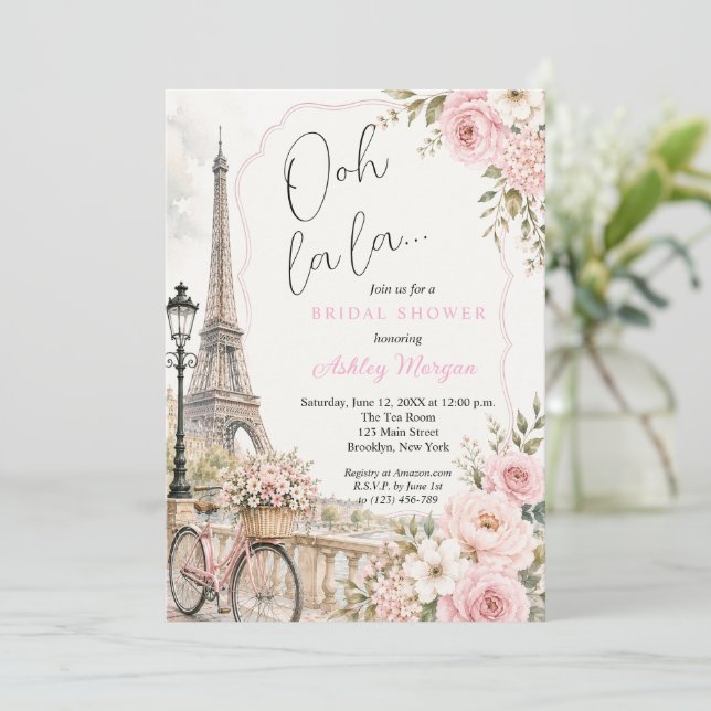 Eiffeltornet Paris Rosa Blommor Bröllopsfest Inbjudningar (Stående Fram)