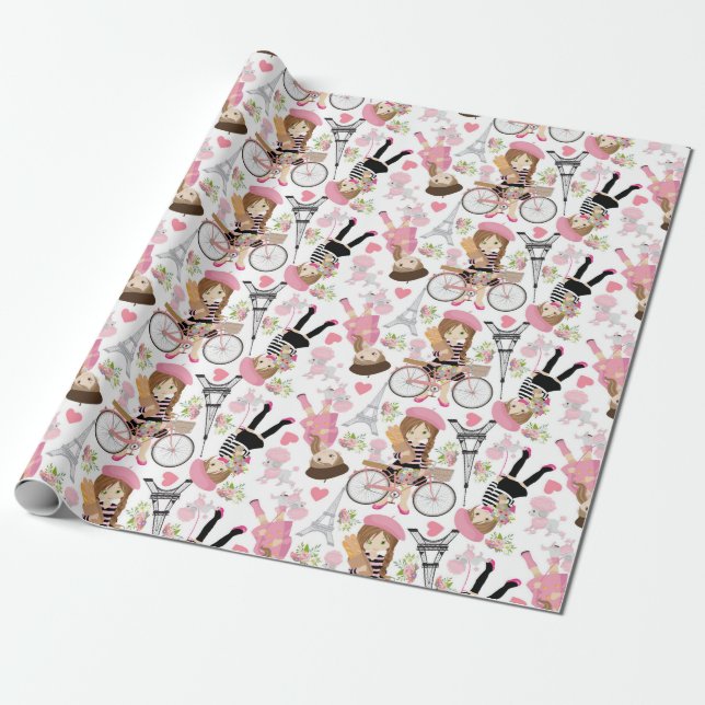 Eiffeltornet Parisisk Flicka Paris Blomma Rosa Hjä Presentpapper (Utrullad)