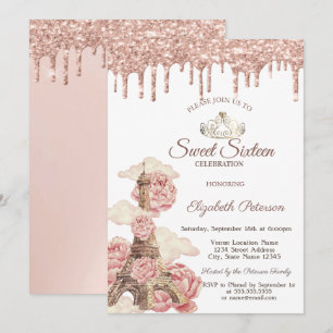 Eiffeltornet Rosa Guld Glitterdroppar Sweet 16 Inbjudningar