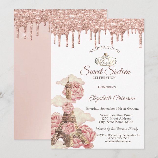 Eiffeltornet Rosa Guld Glitterdroppar Sweet 16 Inbjudningar (Fram/baksida)