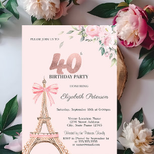 Eiffeltornet Rosa Slinga Blommor 40-årsdag Inbjudningar