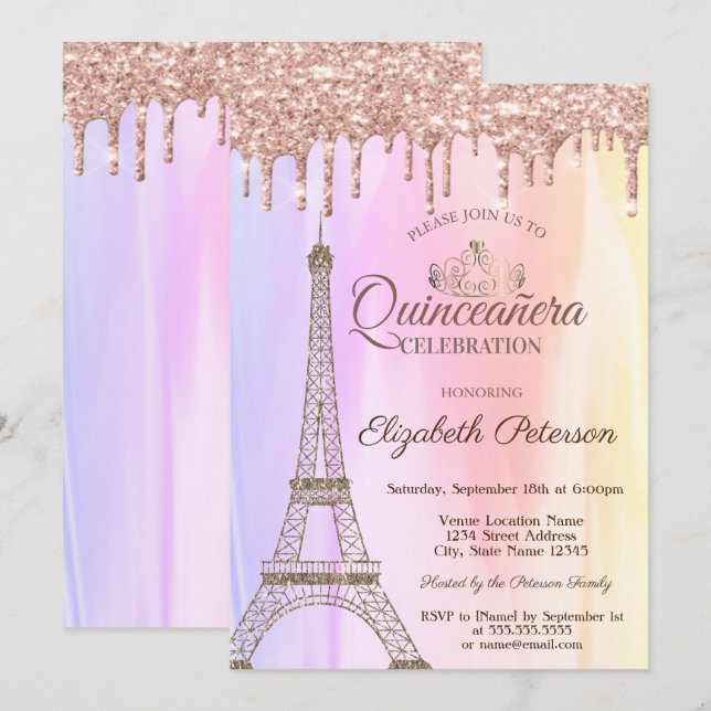 Eiffeltornet, Rose Gold Drips Ombre Quinceañera Inbjudningar (Fram/baksida)