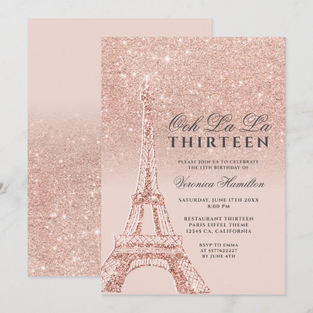 Eiffeltornet rose gold glitter rosa chic tretton inbjudningar (Fram/baksida)