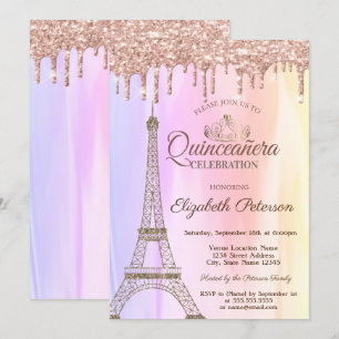 Eiffeltornet, Rose Guld Dropp Ombre Quinceañera Inbjudningar
