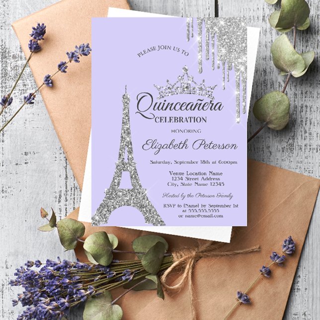 Eiffeltornet,Silverdropar Lavendel Quinceañera  Inbjudningar (Skapare uppladdad)