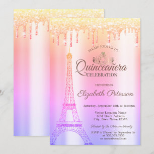 Eiffeltornet,Tiara,Dropp Ombre Quinceañera Inbjudningar