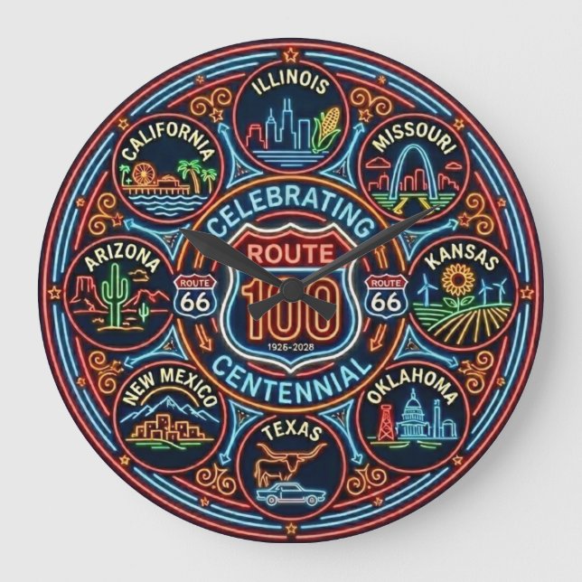 Eight State Route 66 Centennial Neon Stor Klocka (Framsida)