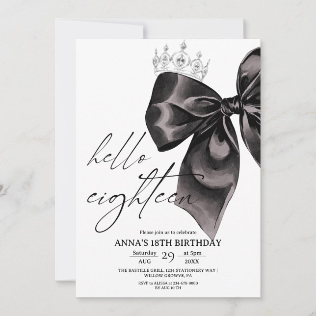 Eighteen Black Bow 18th Birthday Invitation Inbjudningar (Framsida)