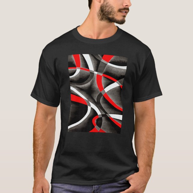 Eighties Red White Grey Line Curve Pattern On Blac T Shirt (Framsida)