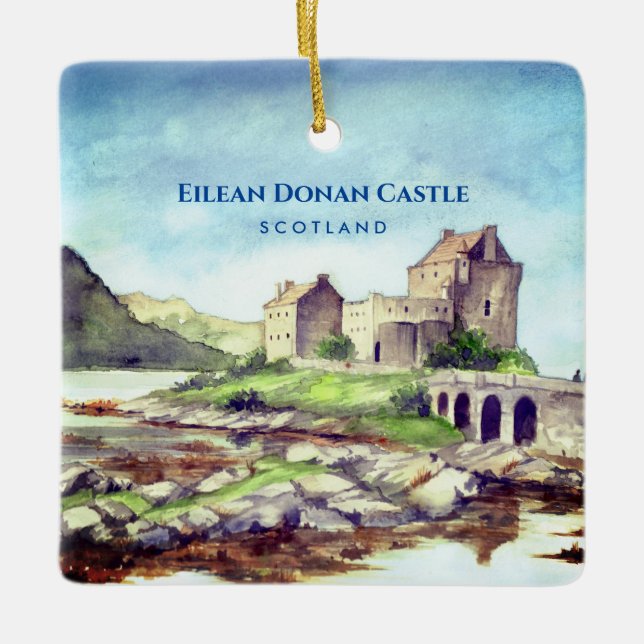 Eilean Donan Castle Scotland Watercolor Painting Julgransprydnad Keramik (Framsida)