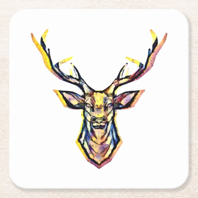 Ein Hirschkopf als buntes Bild im Aquarell Stil    Underlägg Papper Kvadrat (Framsidan)