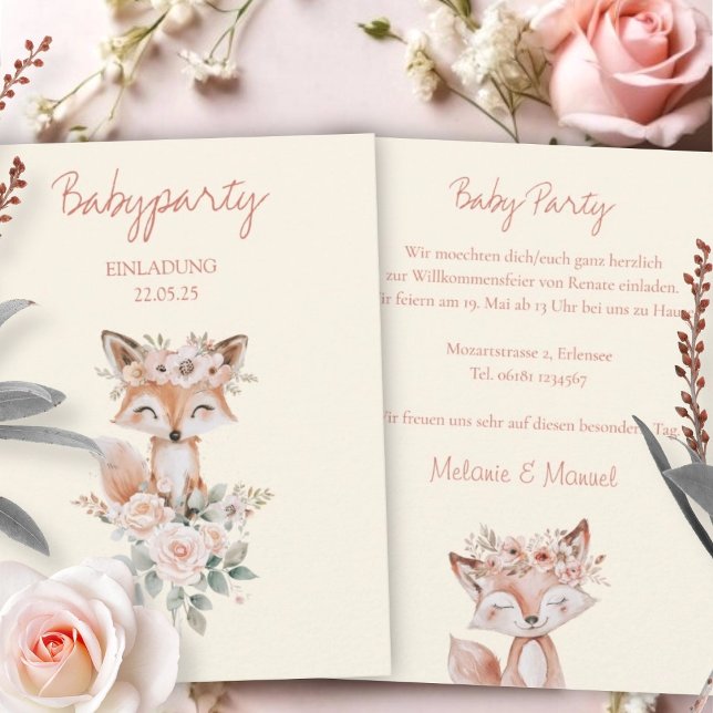 EINLADUNG Babyparty Fuchs und Blumen fuer Mädchen Inbjudningar (Skapare uppladdad)