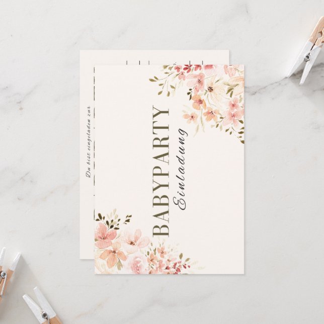 Einladung Babyparty – Rosa Blumen Babyshower Inbjudningar (Fram/Back In Situ)