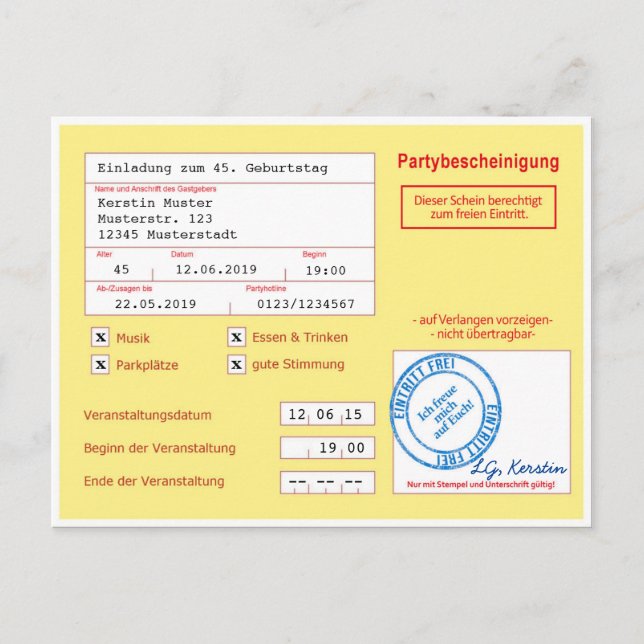 Einladungskarte als Attest/Krankenschein, gelb Vykort (Framsida)