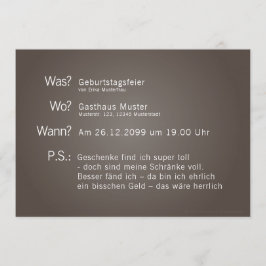 Einladungskarte mit "Was? Wann? Wo? P.S.:"-Text Inbjudningar