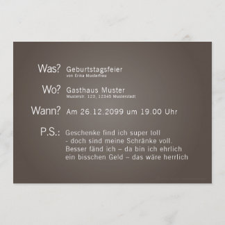 Einladungskarte mit "Was? Wann? Wo? P.S.:"-Text Inbjudningar