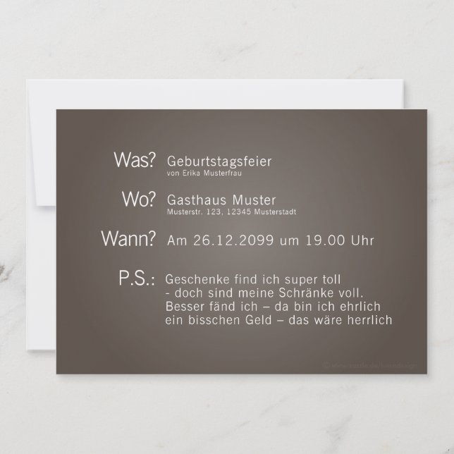 Einladungskarte mit "Was? Wann? Wo? P.S.:"-Text Inbjudningar (Baksida)