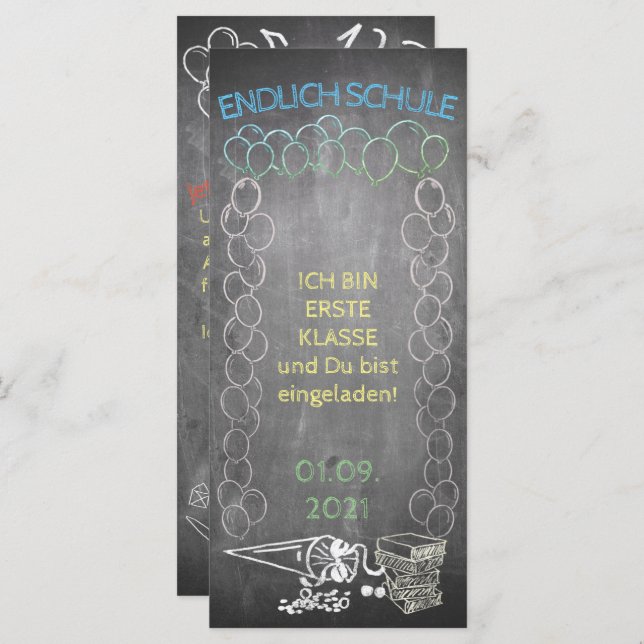 Einladungskarte zur Einschulung im Tafelstill (Fram/baksida)