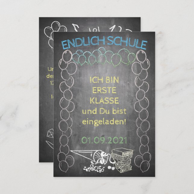Einladungskarte zur Einschulung im Tafelstill (Fram/baksida)