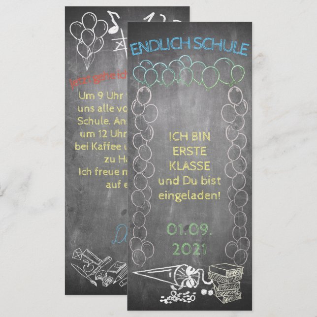 Einladungskarte zur Einschulung im Tafelstill (Fram/baksida)