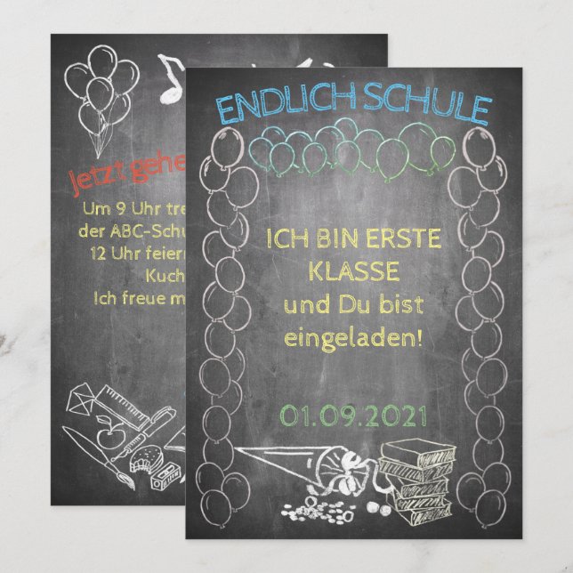 Einladungskarte zur Einschulung im Tafelstill (Fram/baksida)