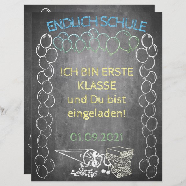 Einladungskarte zur Einschulung im Tafelstill (Fram/baksida)