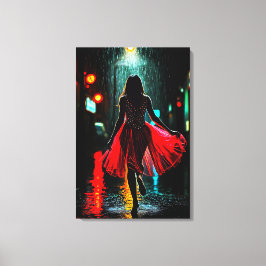 Einsame Anmut in Rot - Frau im Regen Canvastryck