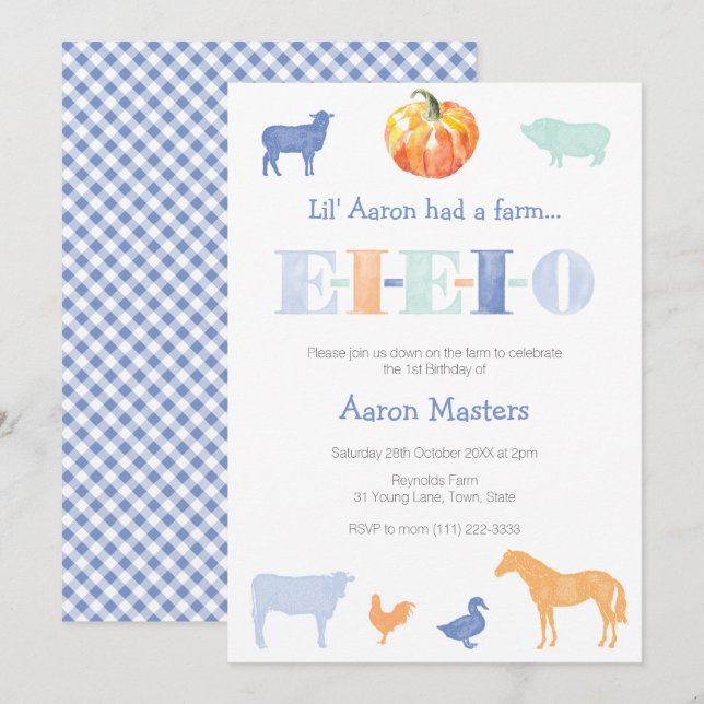 EIO Old MacDonald Pumpkin Boy's Födelsedagsfest Inbjudningar (Fram/baksida)