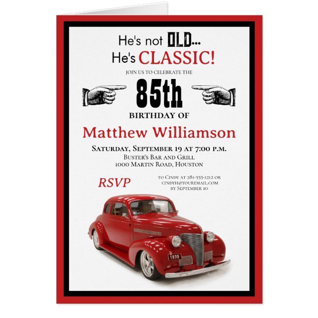 Ej gammal, klassisk röd kupe 85:e födelsedagen med hälsningskort (Framsidan)