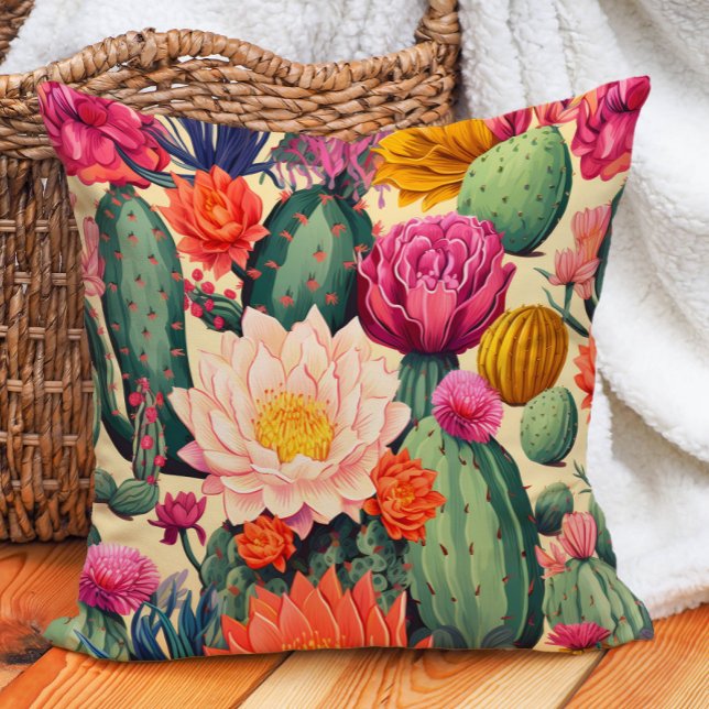 Eklektisk sydvästlig kaktusöken  kudde (Colorful succulents and cactus pillow)