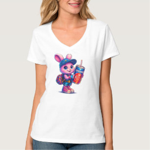 EKNAKHON Bunny V-ringad T-shirt – Söt rosa kanin m