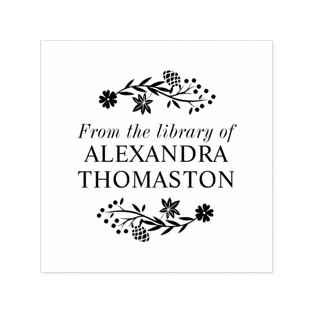 Ekollon blommande träd gren bibliotek boknamn självfärgande stämpel (Design)