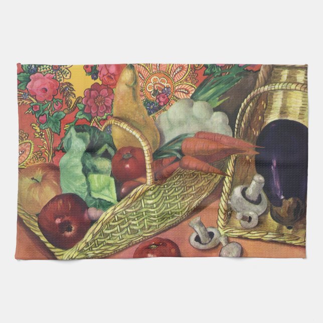 Ekologisk mat, trädgårdsgrönsaker, blommande blomm kökshandduk (Horisontell)