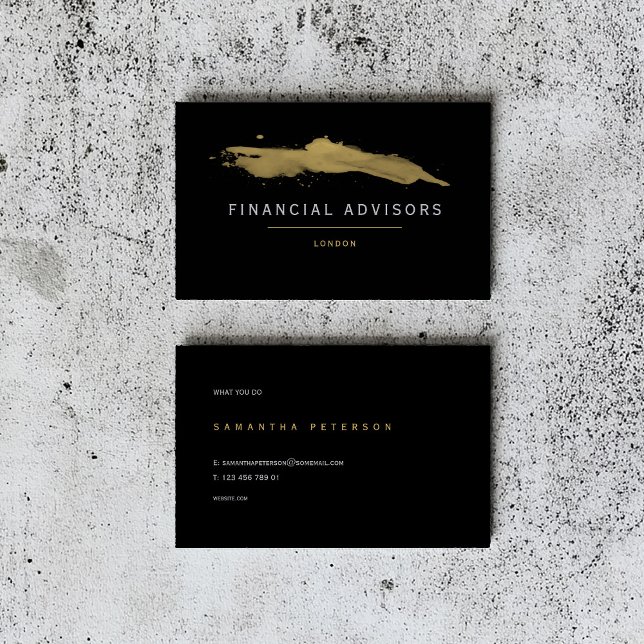 Ekonomisk rådgivare, guld-stänk visitkort (Luxury black business card design for financial advisors, featuring gold brushstroke details)