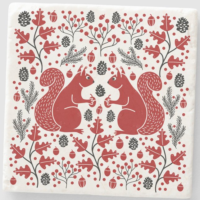 Ekorrar i Skogs Konst Stenunderlägg (Squirrel in the Forest folk art woodland nature wildlife stone coaster)