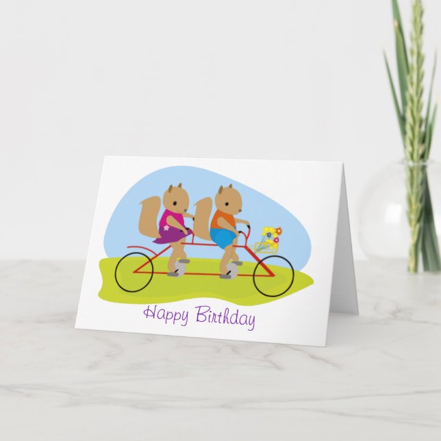 Ekorrar på en tandem cykelfödelsedag kort (Framsida)