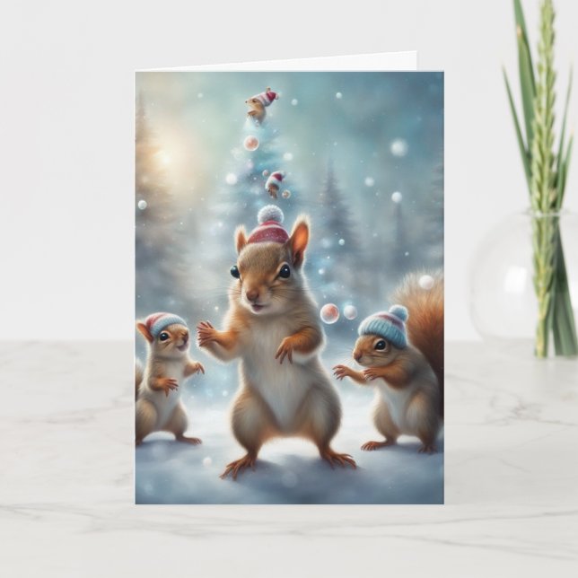 Ekorrar som leker i snön jul kort (Framsida)