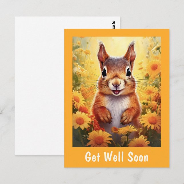 Ekorre i gula blommor Snyggt Snart frisk igen   Vykort (Fram/baksida)