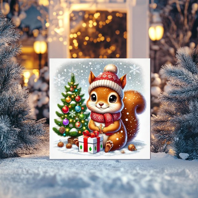 Ekorre med julgran och present julkort (Skapare uppladdad)