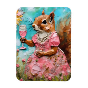 ekorre med Rosa Dress och dryck Magnet