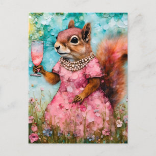 ekorre med Rosa Dress och dryck Vykort