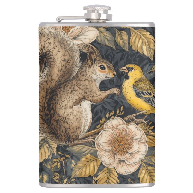 Ekorre och gul kanariefågel med blommönster fickplunta (Framsidan)