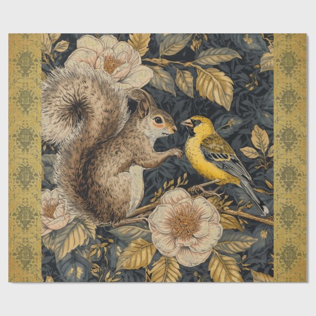 Ekorre och gul kanariefågel med blommönster presentpapper (Platt)