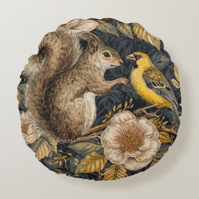 Ekorre och gul kanariefågel med blommönster rund kudde (Framsidan)