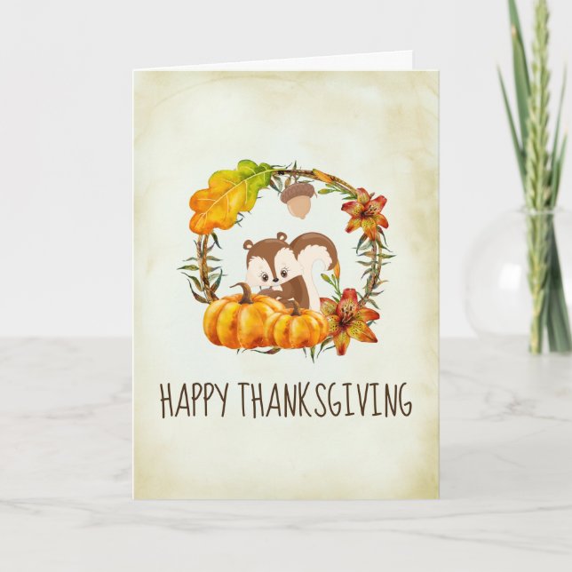 Ekorre och pumpa rustik krans Thanksgiving Kort (Framsida)