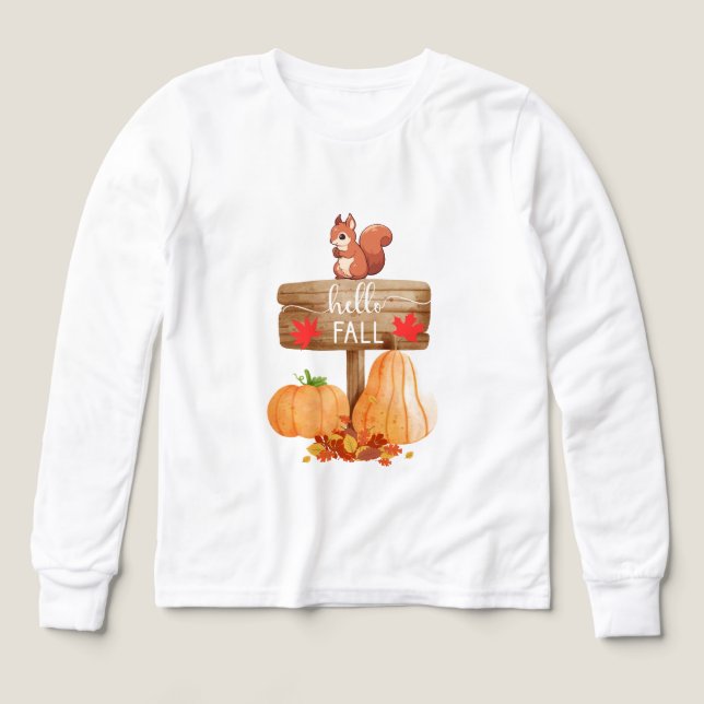 ekorre på skylt med pumpor och löv t shirt (Design framsida)