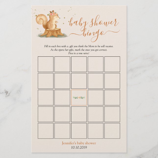 Ekorre Skogs Djur Baby Shower Bingo Spel (Framsida)