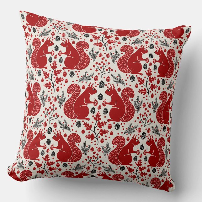 Ekorre Skogsmarkmönster Kudde (Squirrels in the Forest woodland art throw pillow)